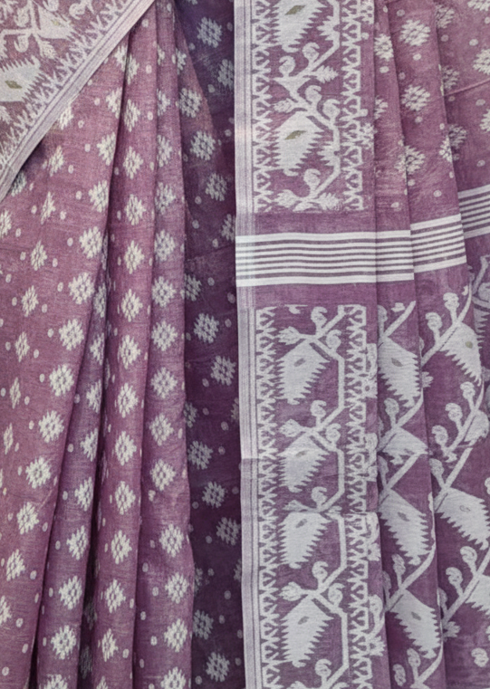 Lavender Dhakai Jamdani Saree with Mina Work | Handwoven Pure Cotton Saree with Blouse Piece | Traditional Bengali Saree for Festive & Wedding Wear