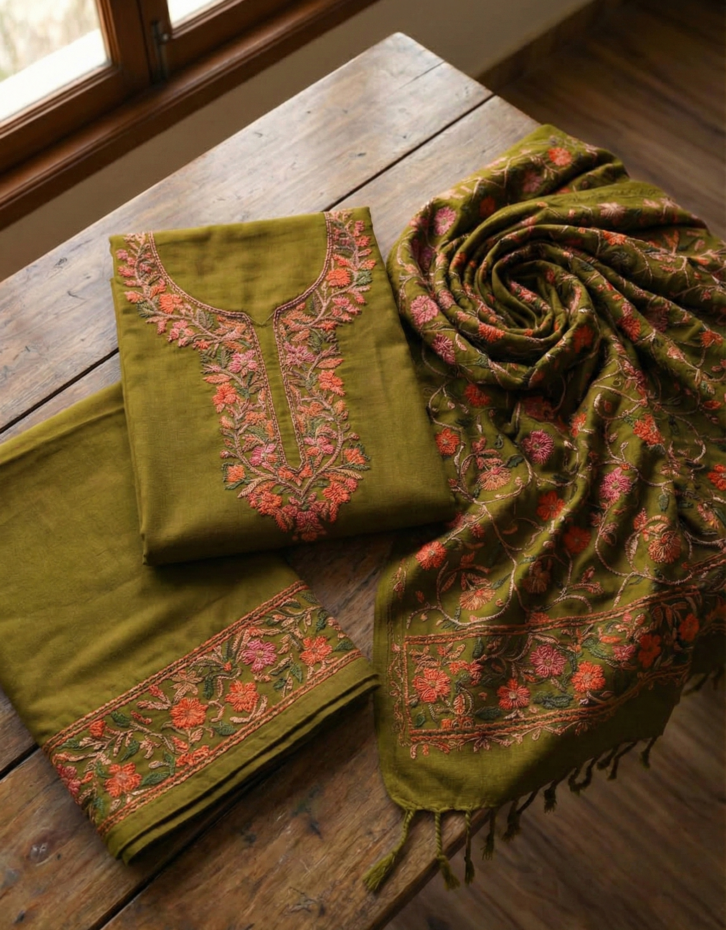 Pure Cotsul Kashmiri Stitch Embroidered 3-Piece Salwar Suit for Women – Olive Green