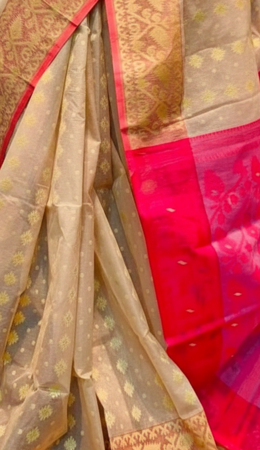 Beige & Red Dhakai Jamdani Saree with Mina Work | Handwoven Pure Cotton Saree with Blouse Piece | Traditional Bengali Saree for Festive & Wedding Wear