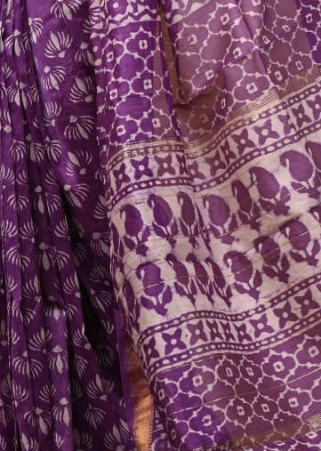 Royal Purple Traditional Hand Block Print Maheshwari Silk Saree with Zari Border – Pure Handloom Elegance