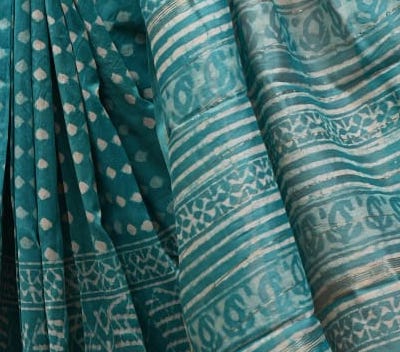 Turquoise Blue Traditional Hand Block Print Maheshwari Silk Saree with Golden Zari Border – Pure Handloom Elegance