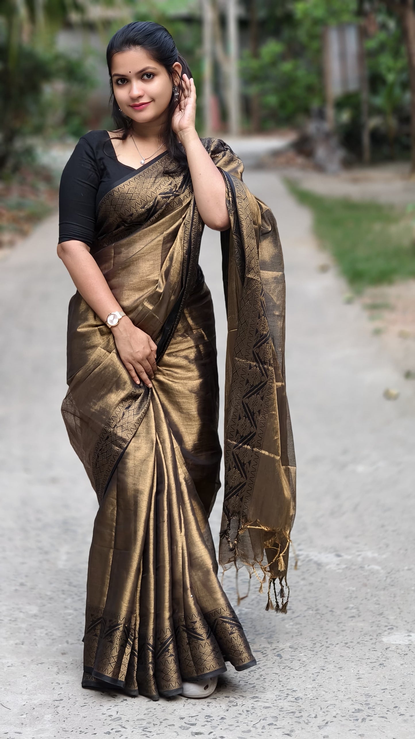 Elegant Bronze Gold Tissue Handloom Saree with Black Zari Border | Lightweight Festive & Party Wear Saree | Traditional Handwoven Silk Blend Saree for Women