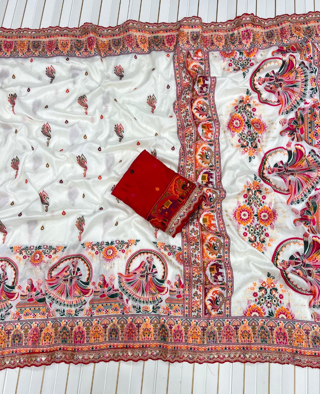 Pure Rajwadi Pashmina Silk Saree with Kashmiri Thread Work Pallu & Heavy Zari Weaving Border – Soft Pashmina Silk Saree with Butti Blouse