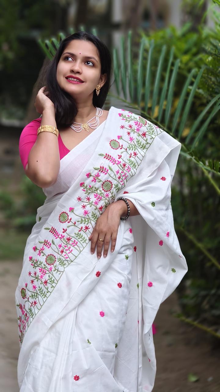 White Premium Soft Cotton Embroidered Saree with Floral Thread Work & Tassel Pallu – With Blouse Piece