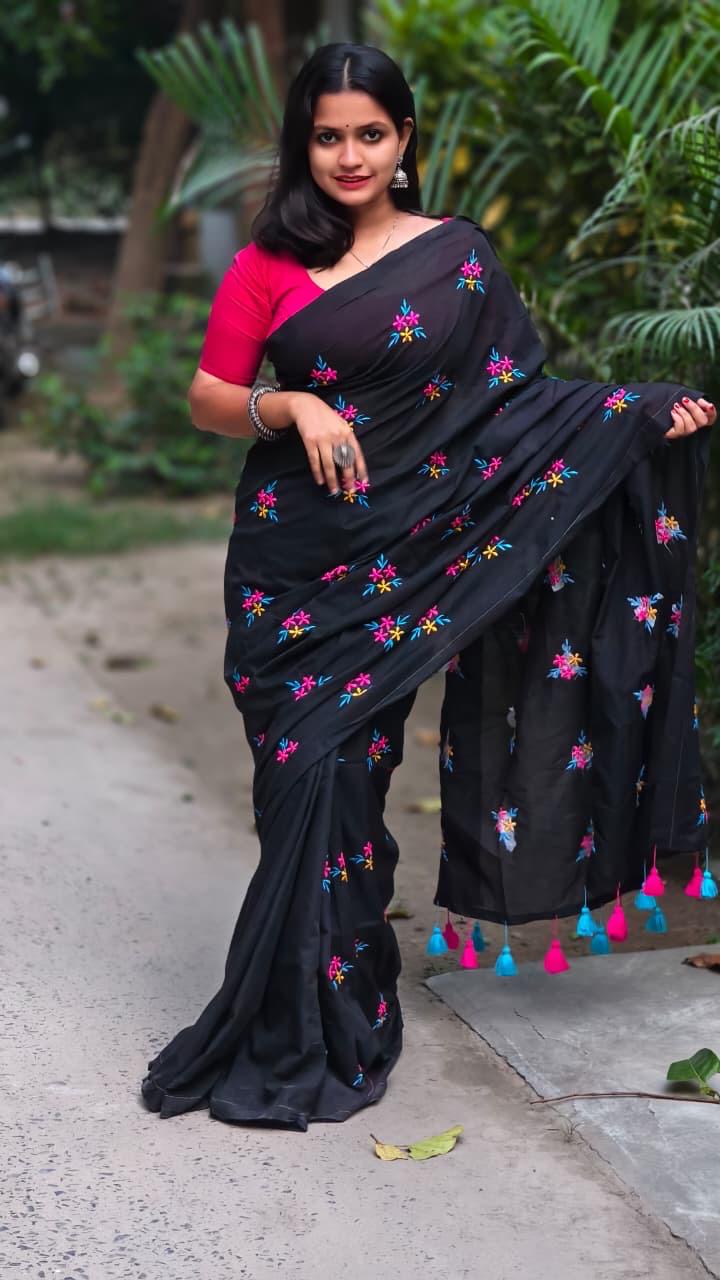 Black Premium Soft Cotton Embroidered Saree with Colorful Floral Work & Blouse Piece