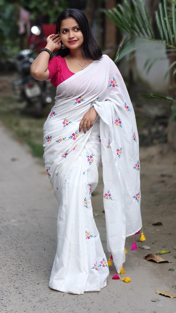 Premium White Soft Cotton Embroidered Saree with Colorful Thread Work & Tassels