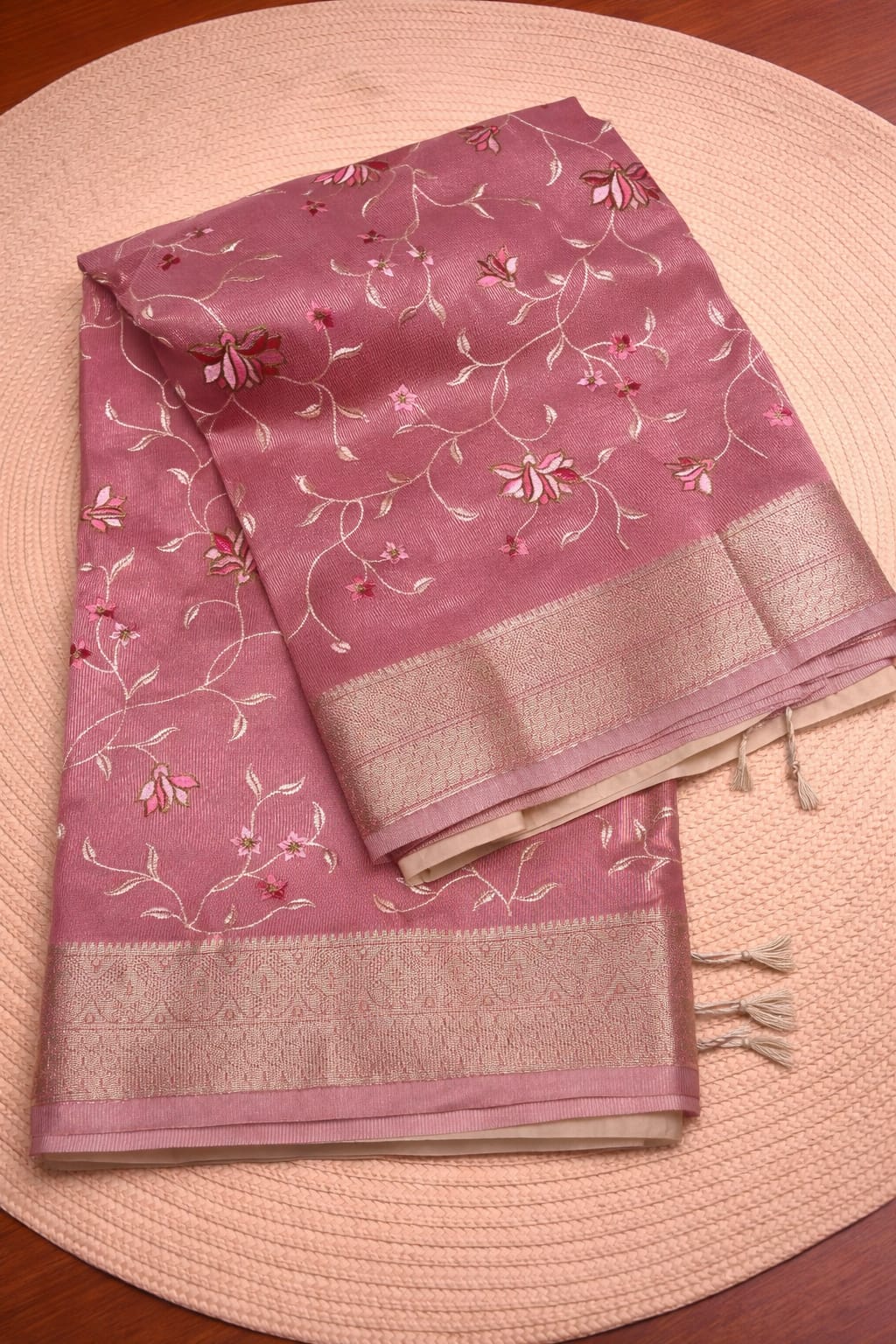 Authentic Muslin Tissue Saree in Rose Pink with Delicate Floral Weaving & Zari Border | Lightweight Handloom Festive Saree with Blouse Piece