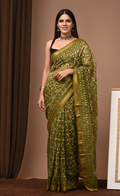 Exclusive Olive Green Traditional Block Print Maheshwari Silk Saree
