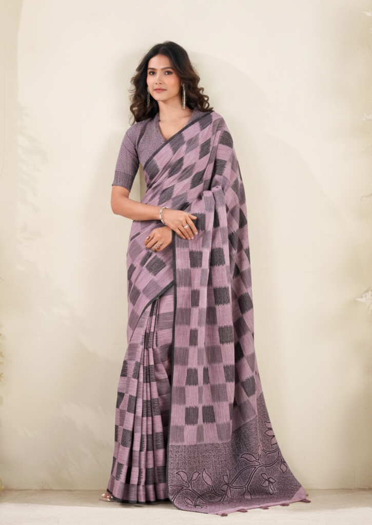 Pure Linen Silk Saree in Mauve and Charcoal Grey