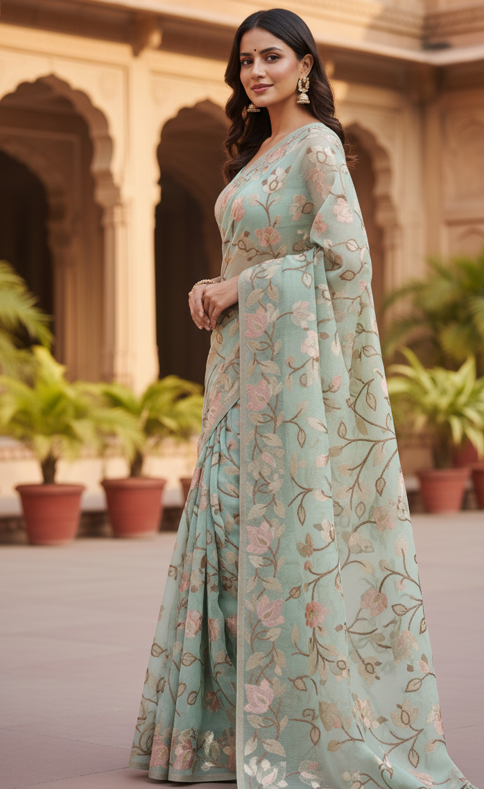 Premium Muga Tassar Jamdani Saree – Elegant Pastel Green with Floral Weaves | Handwoven Bengal Jamdani | Exclusive Designer Saree for Wedding & Festive Wear