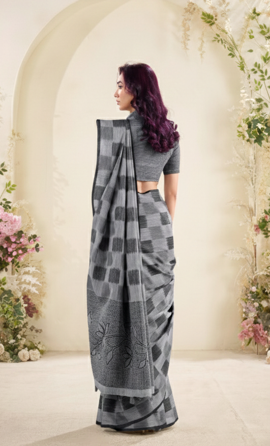 Grey Checkered Pure Linen Silk Saree with Blouse Piece