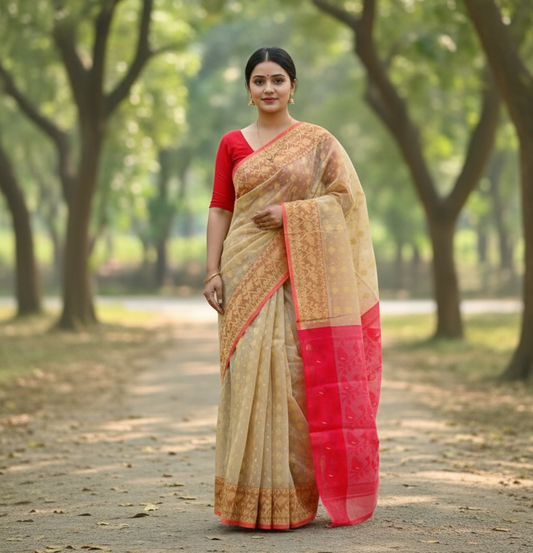 Beige & Red Dhakai Jamdani Saree with Mina Work | Handwoven Pure Cotton Saree with Blouse Piece | Traditional Bengali Saree for Festive & Wedding Wear