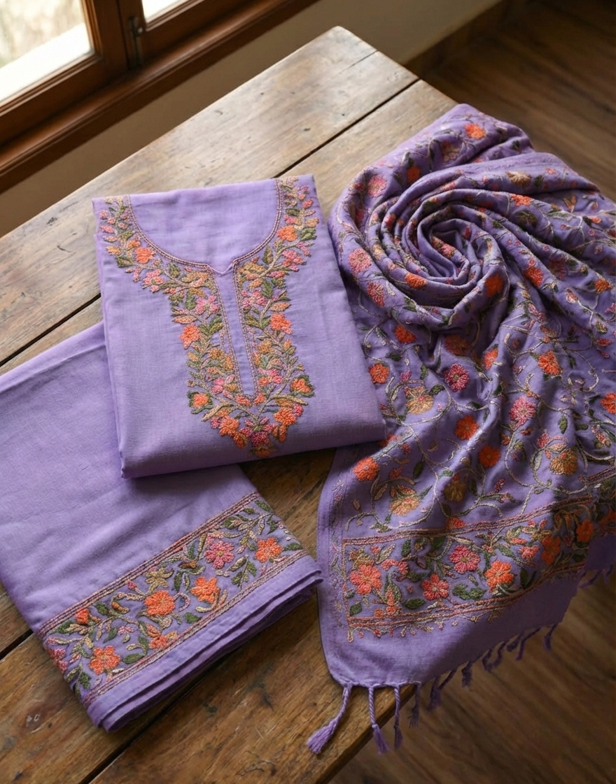 Pure Cotsul Kashmiri Stitch Embroidered 3-Piece Salwar Suit for Women – Lavender Mauve
