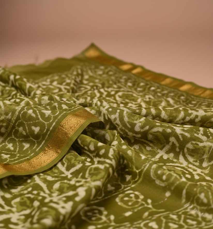 Exclusive Olive Green Traditional Block Print Maheshwari Silk Saree