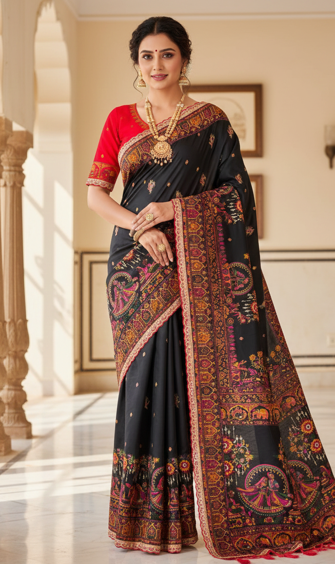 Pure Rajwadi Pashmina Silk Saree with Kashmiri Thread Work Pallu & Heavy Zari Weaving Border – Soft Pashmina Silk Saree with Butti Blouse