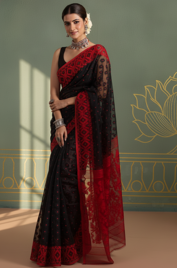 Black & Red Authentic Jamdani Saree with Intricate Thread Work