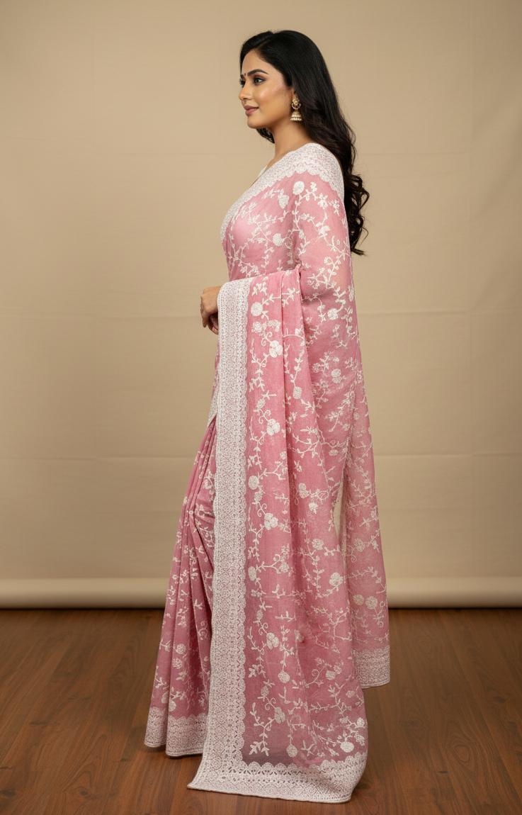 Party Wear Chiffon Saree with Heavy Thread Embroidery