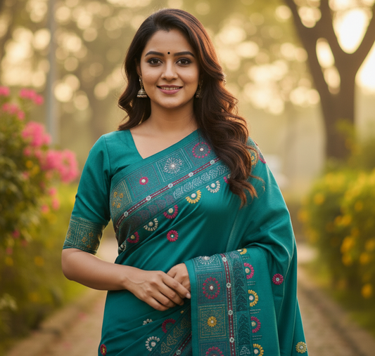 Teal Green Bangalore Blended Silk Lambani Stitched Saree – Handcrafted Tribal Embroidery with Blouse Piece
