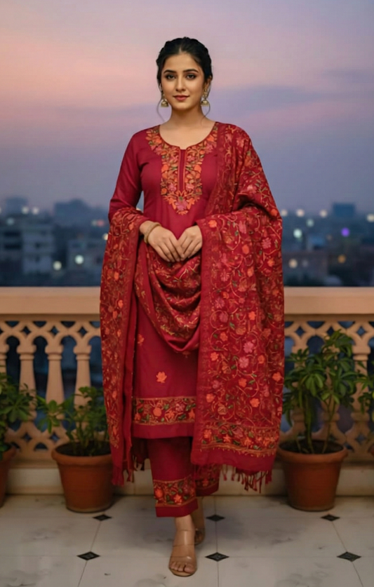 Pure Cotsul Kashmiri Work Salwar Suit | Handcrafted Embroidered 3-Piece Suit