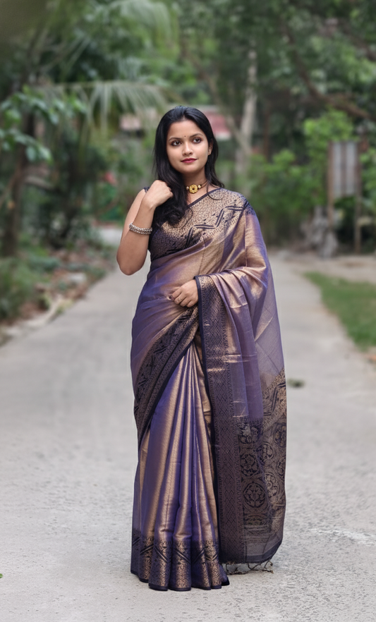 Elegant Purple & Gold Tissue Handloom Saree | Lightweight Festive Wear Saree with Zari Border | Traditional Banarasi-Style Tissue Silk Saree for Wedding & Party