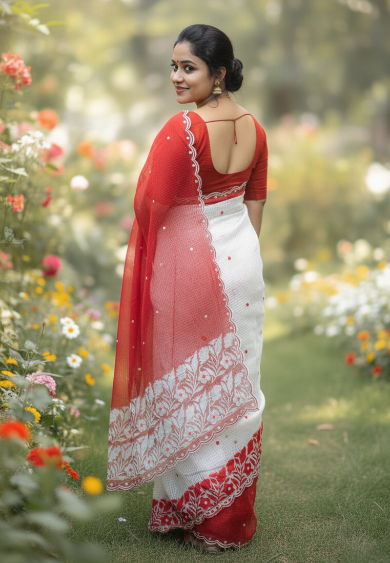 Premium Cotton Kota Saree with Elegant Parsi Embroidery – Red & White Designer Handcrafted Saree