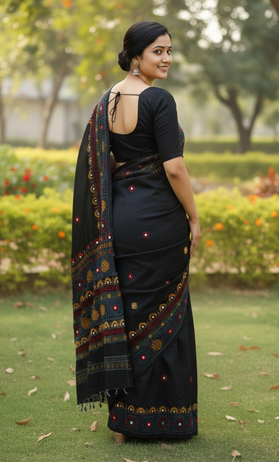 Black Bangalore Blended Silk Lambani Stitched Saree – Handcrafted Tribal Embroidery with Blouse Piece