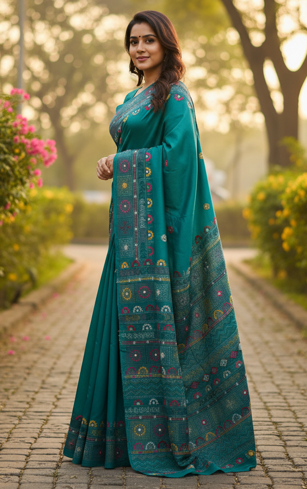 Teal Green Bangalore Blended Silk Lambani Stitched Saree