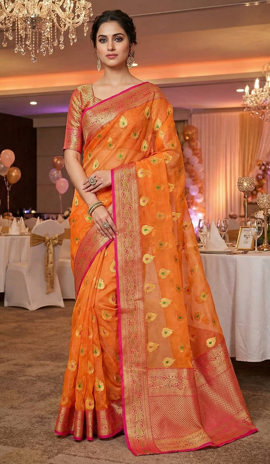 Pure Muslin Mina Banarasi Saree | Premium Muslin Banarasi Saree with Zari Weaving & Blouse Piece