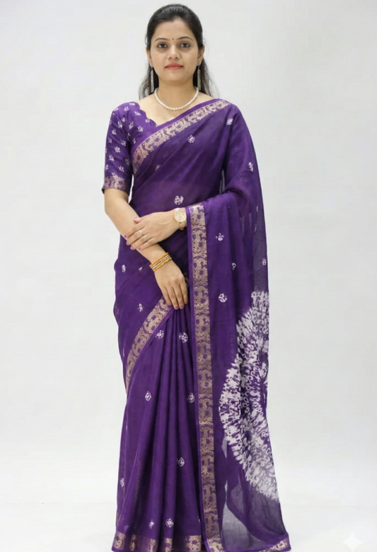Shibori Mul Mul Jacquard Silk Saree with Running Blouse – Premium Purple Silk Saree