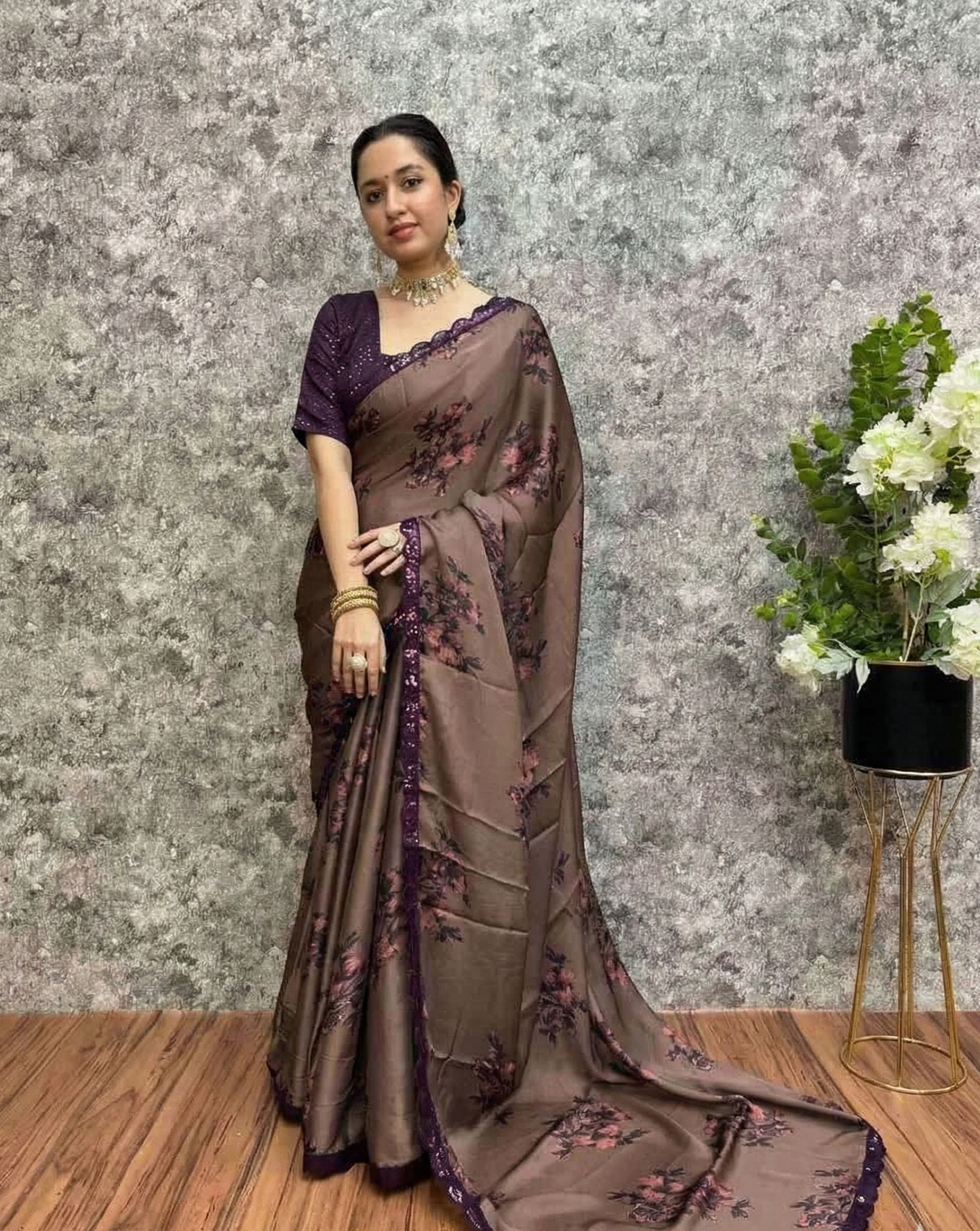 Satin Georgette Floral Digital Print Saree with Sequins Border & Blouse