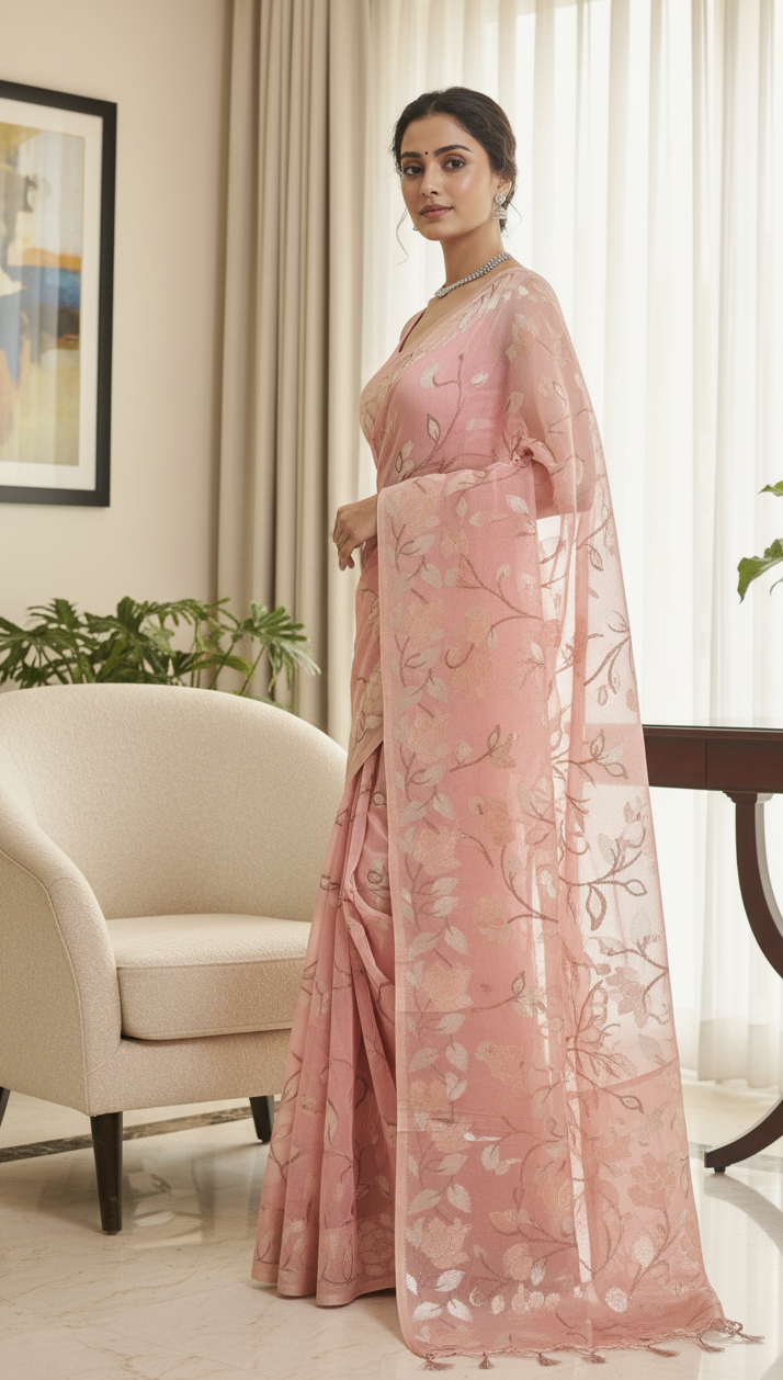 Graceful Peach Muga Tassar Jamdani Saree