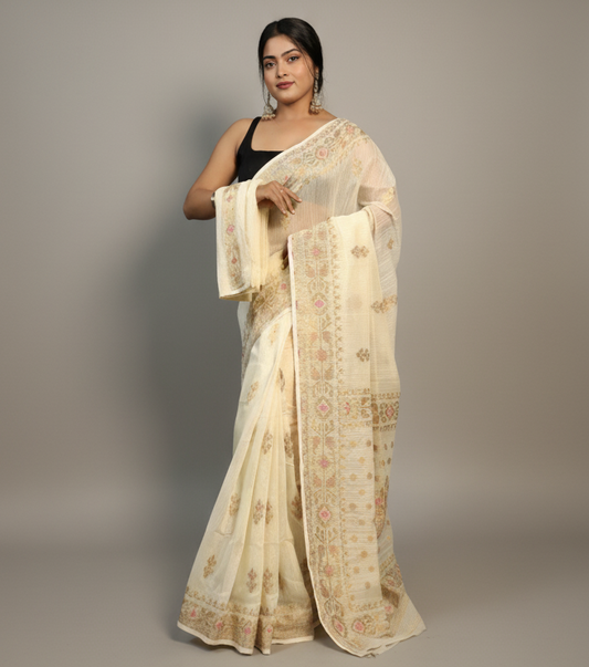 Beige Handloom Saree with Intricate Gold Zari Work | Traditional Indian Ethnic Wear