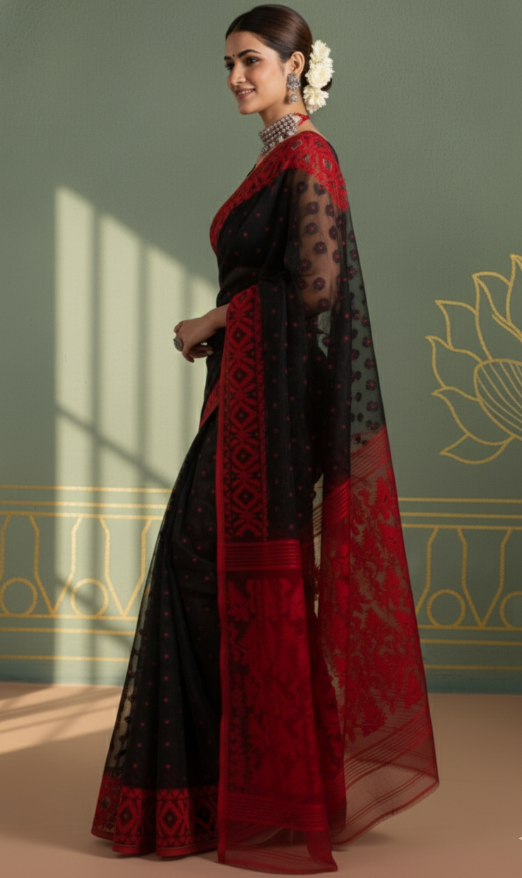 Black & Red Authentic Jamdani Saree with Intricate Thread Work