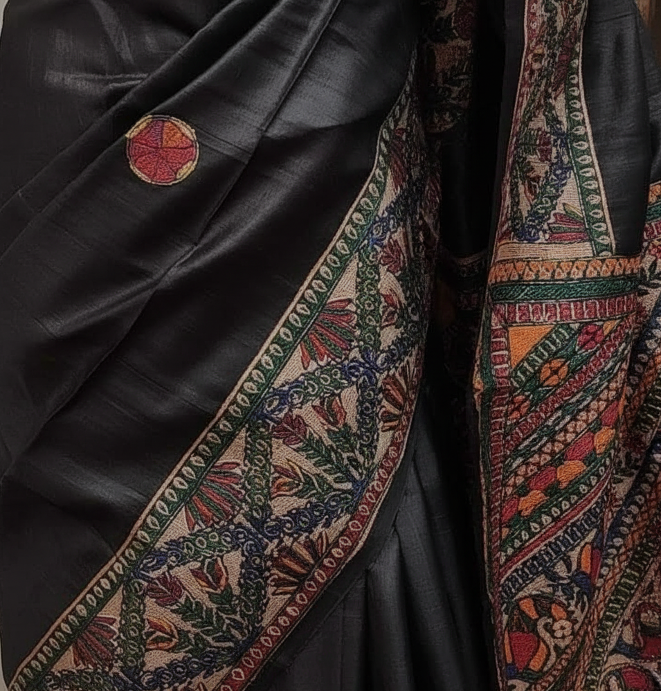 Black Tussar Ghicha Silk Saree with Madhubani Hand Painting – Traditional Handloom Art Saree