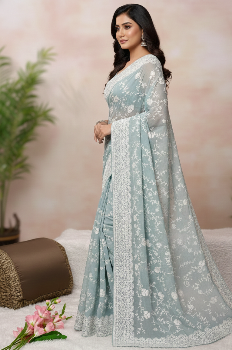 Premium Party Wear Chiffon Saree Thread Embroidery & Designer Border