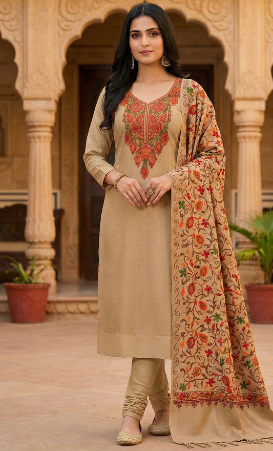 Winter Special Kashmiri Stitch Work Unstitched 3-Piece Salwar Suit Set for Women – Premium Embroidered Kurta, Bottom & Dupatta