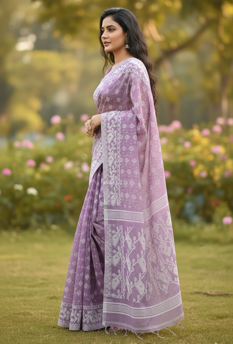 Lavender Dhakai Jamdani Saree with Mina Work | Handwoven Pure Cotton Saree with Blouse Piece | Traditional Bengali Saree for Festive & Wedding Wear