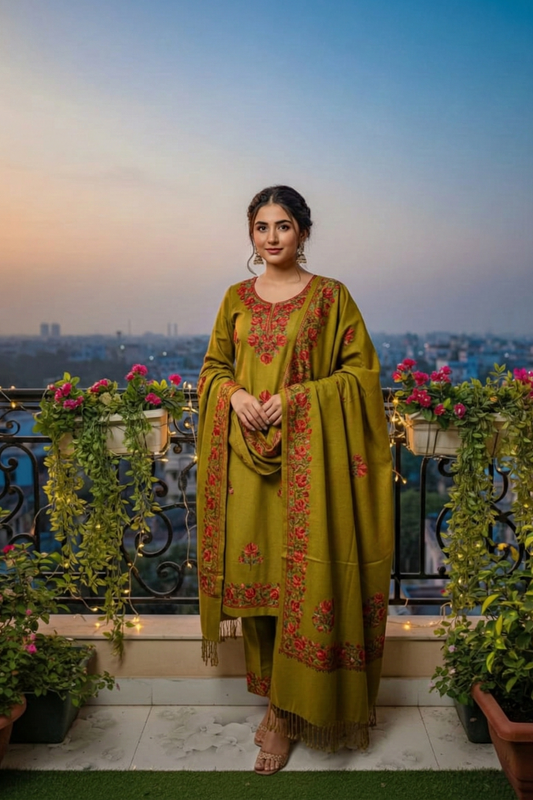 Pure Cotsul Kashmiri Stitch Embroidered 3-Piece Salwar Suit for Women – Olive Green