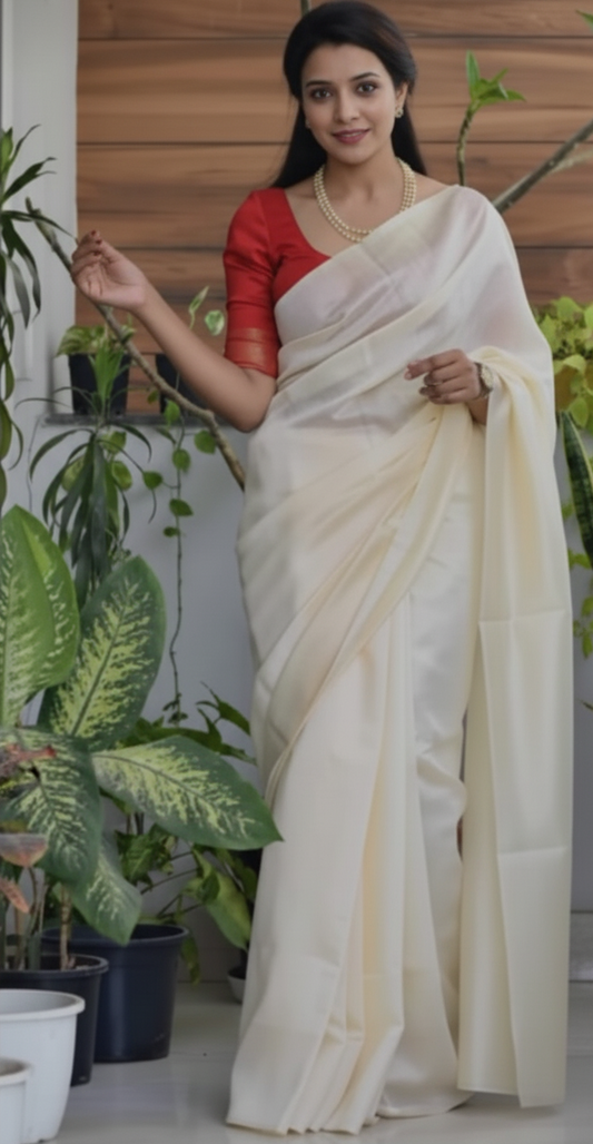 Elegant Semi Matka Silk Saree with Matching Blouse Piece – Soft & Lightweight Traditional Cream Saree for Festive & Wedding Wear