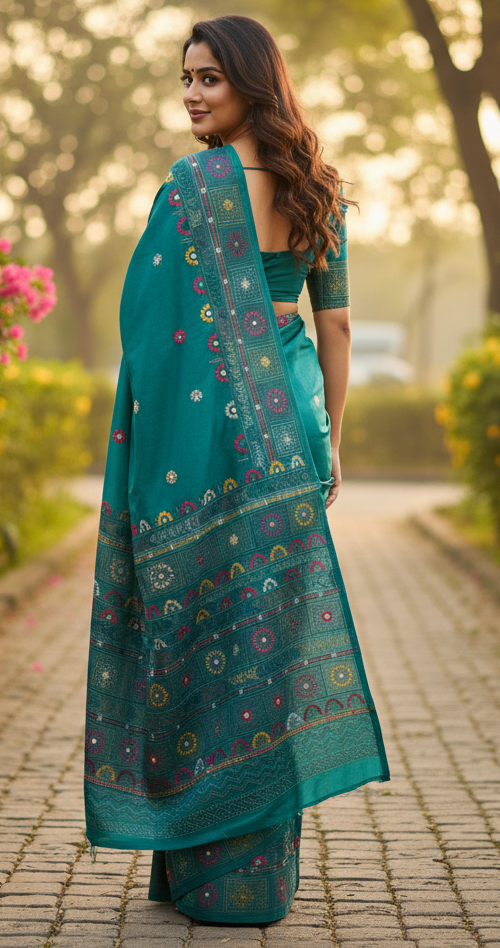 Teal Green Bangalore Blended Silk Lambani Stitched Saree