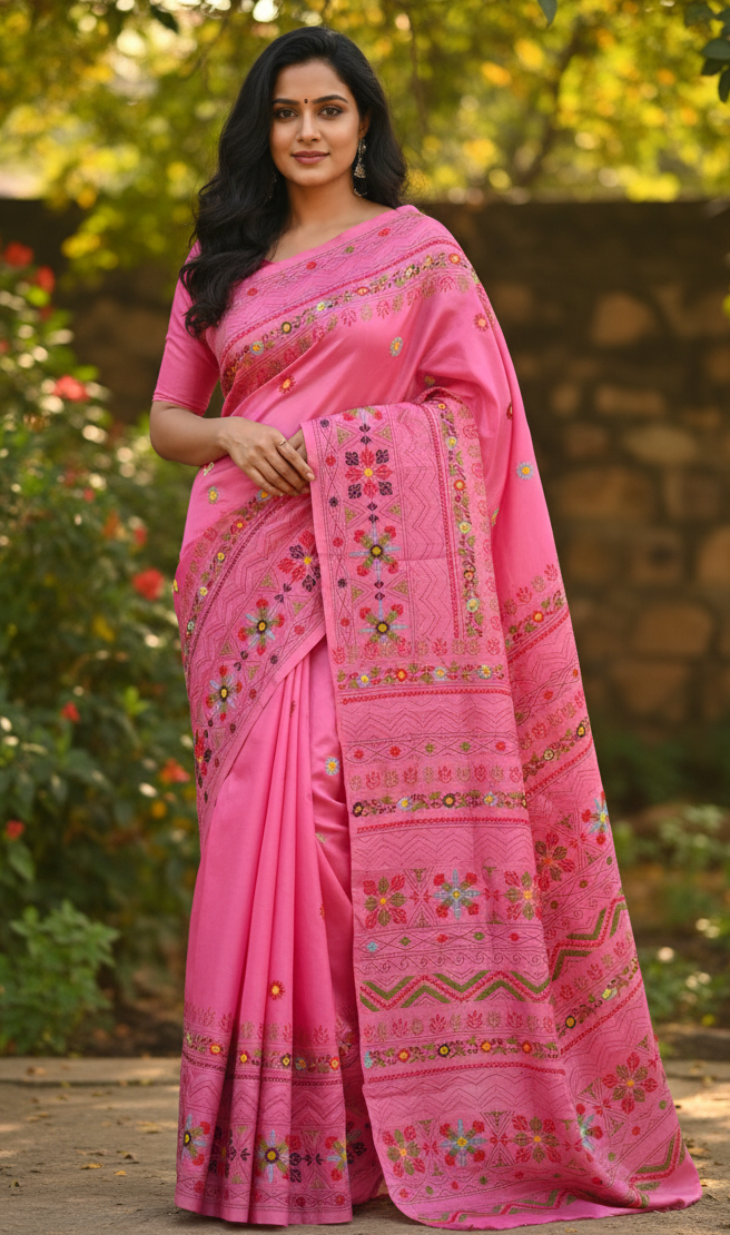 Pink Bangalore Blended Silk Lambani Stitched Saree – Handcrafted Tribal Embroidery with Matching Blouse Piece