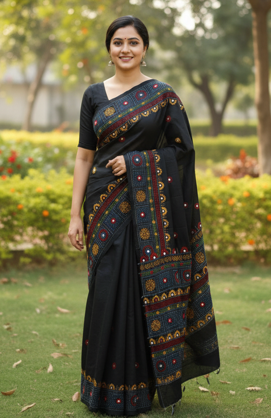 Black Bangalore Blended Silk Lambani Stitched Saree – Handcrafted Tribal Embroidery with Blouse Piece