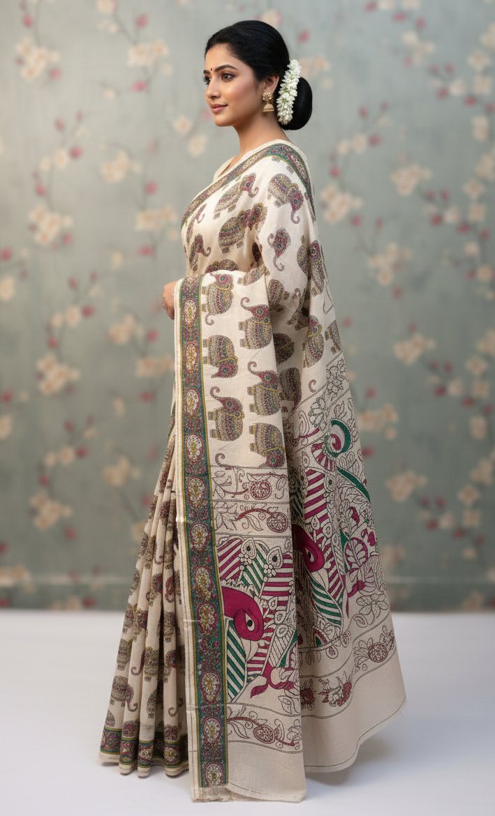 Pure Kalamkari Silk Saree with Elephant Motifs | Handcrafted Andhra Kalamkari | Premium Festive Wear