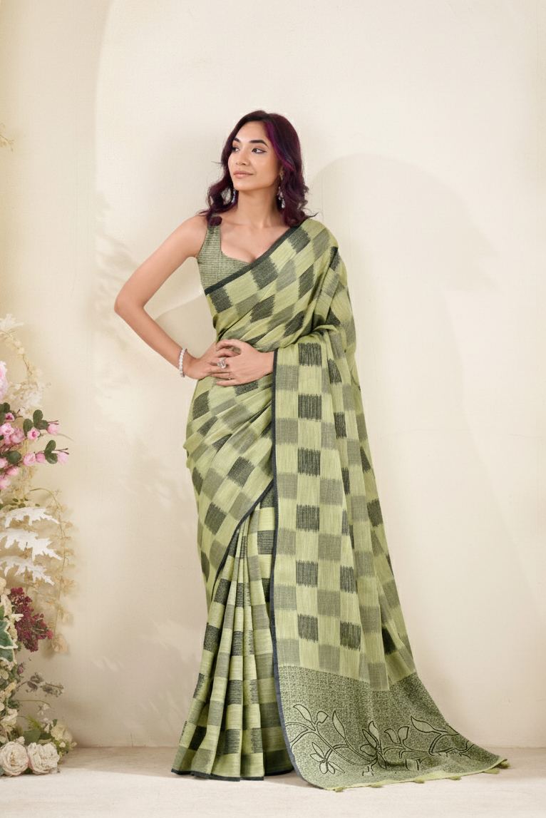 Pure Linen Silk Saree with Blouse Piece - Green Checkered
