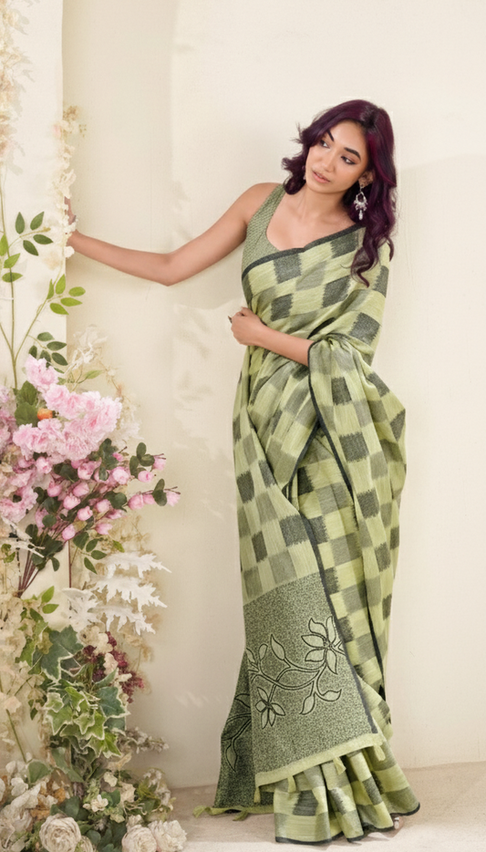 Pure Linen Silk Saree with Blouse Piece - Green Checkered