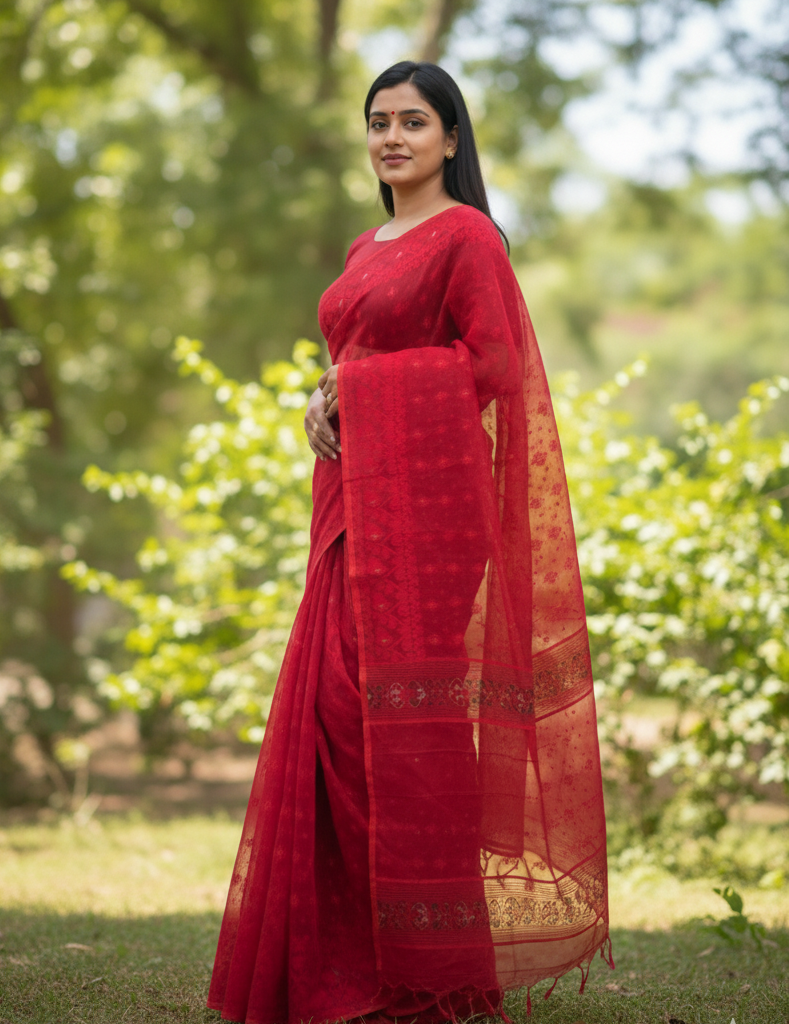 Pure Soft Red Bengali Special Jamdani Saree