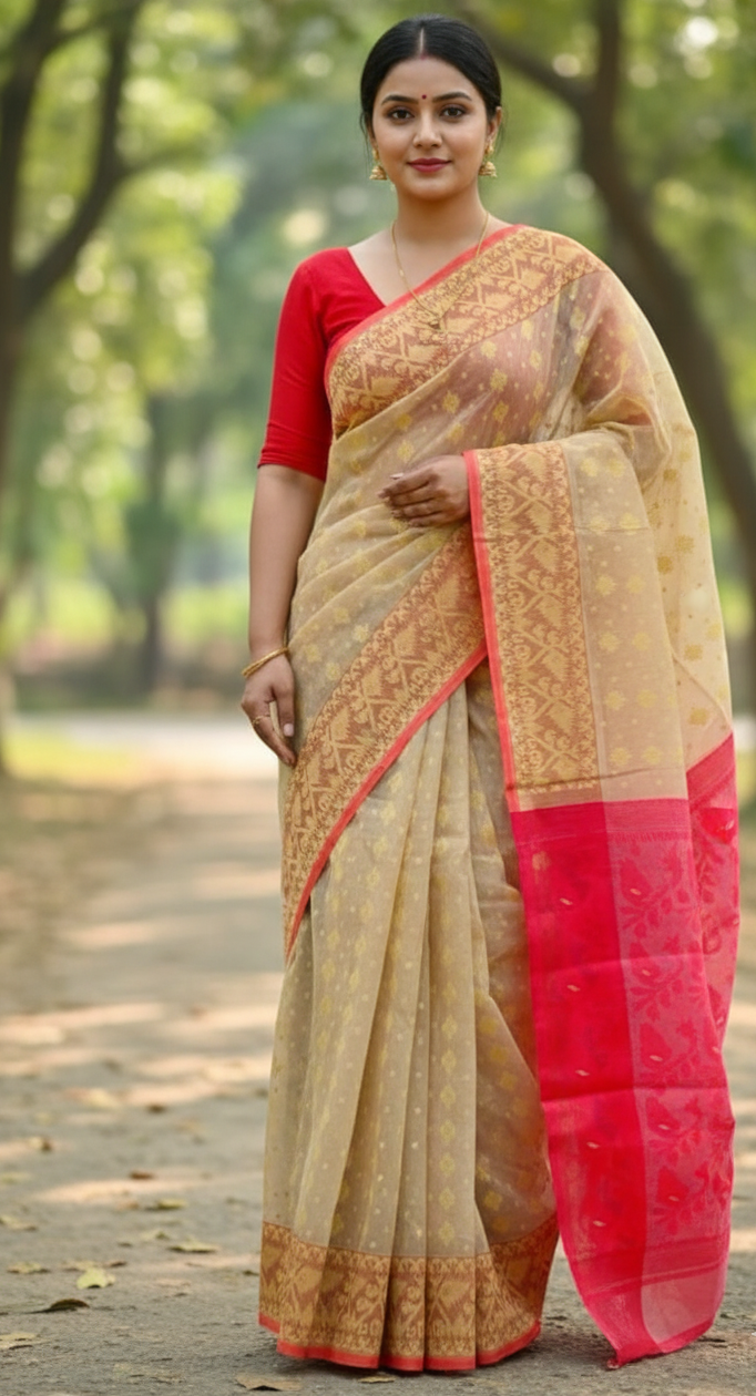 Beige & Red Dhakai Jamdani Saree with Mina Work | Handwoven Pure Cotton Saree with Blouse Piece | Traditional Bengali Saree for Festive & Wedding Wear