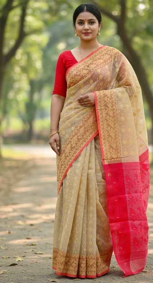 Beige & Red Dhakai Jamdani Saree with Mina Work