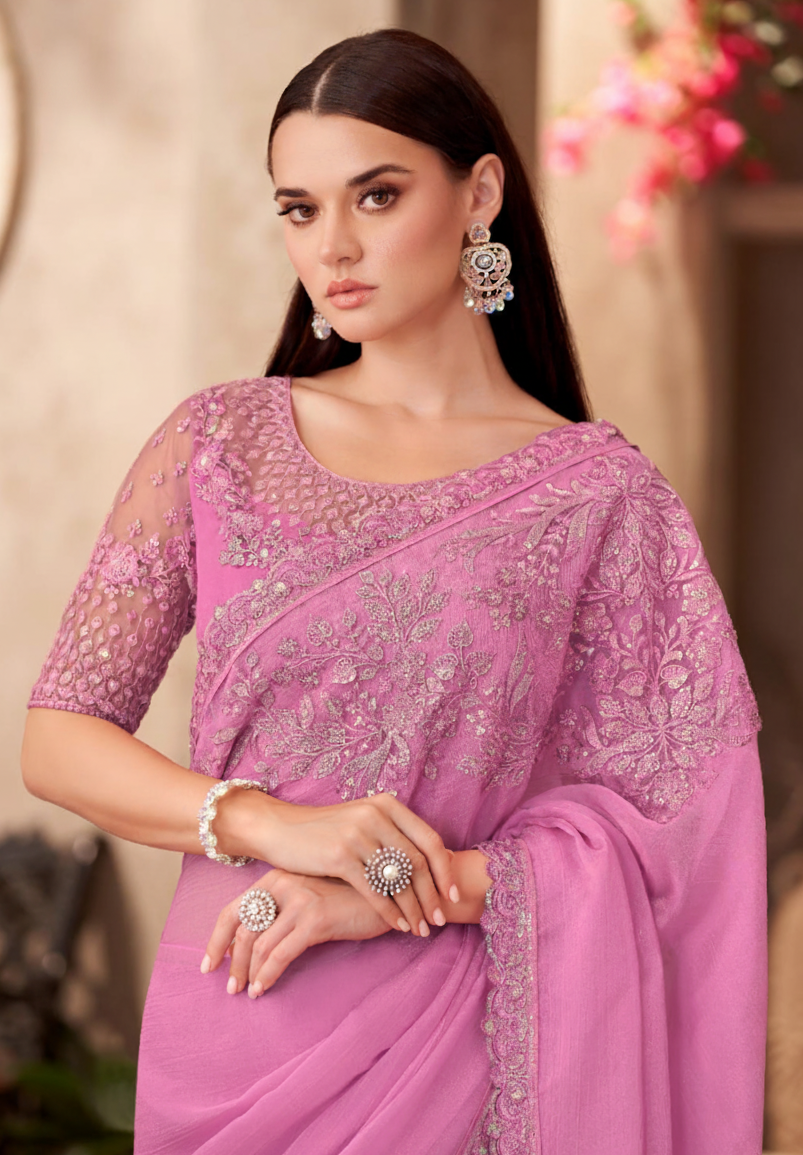 Embroidered Chiffon Saree with Heavy Thread & Sequin Work