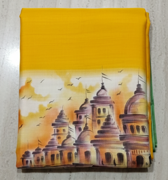 Premium digital printed Pure Bishnupuri Silk Saree with Blouse Piece – Temple Design & Artistic Work